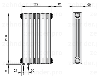Схема (чертеж) Радиатор Zehnder Charleston 3110/7 №3370 Белый глянцевый RAL 9016